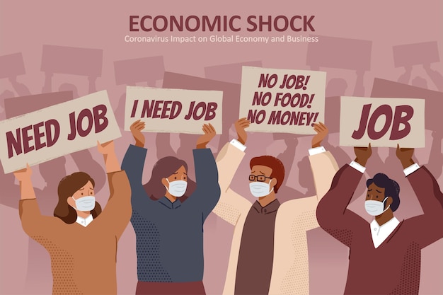 Pessoas desempregadas segurando cartazes de protesto