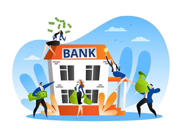 Pessoas do banco transação de moeda financeira vetor ilustração cartoon homem perto do edifício do banco segurar serviço de crédito de dinheiro