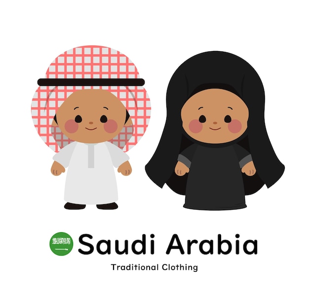Pessoas do estilo Chibi vestindo roupas tradicionais da Arábia Saudita
