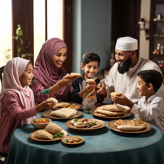 Pessoas do Oriente Médio comendo na mesa de jantar durante o jejum do Ramadã