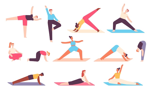 Vetor pessoas do yoga. homens e mulheres fazem exercícios de alongamento para relaxar o corpo e a mente. meditação zen em postura asana equilibrada. conjunto de vetores de bem-estar saudável. ilustração de ioga exercício fitness, homem faz esporte