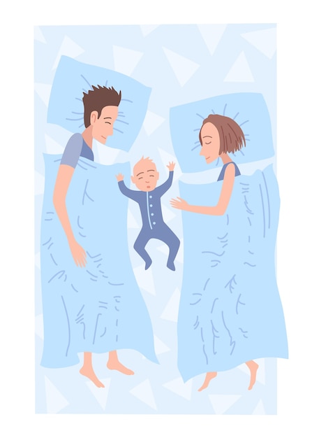 Pessoas dormindo na cama personagem postura deitada durante o sono noturno vista superior casal adormecido com bebê no quarto posição de sonho noturno feminino e masculino