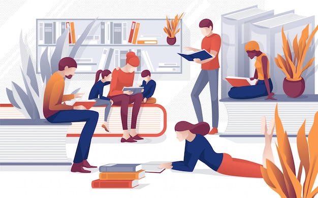 Pessoas dos desenhos animados ler livros família lendo livraria