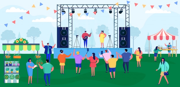Pessoas dos desenhos animados no festival de música, multidão de personagens festivalgoer se divertir no fundo de show de concerto ao vivo