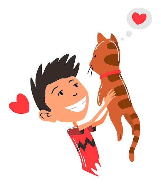 Pessoas e animais de estimação. personagem de dono de gato. proprietário abraçando gato. o menino ama-o animal. animal doméstico bonito e adorável.