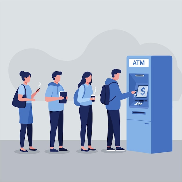 Pessoas em fila em um caixa eletrônico