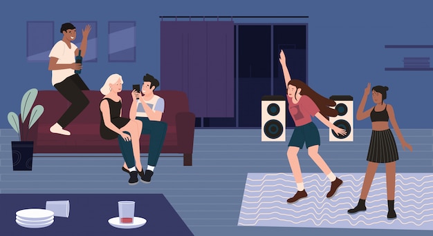 Pessoas em ilustração de festa em casa, personagens de desenhos animados homem feliz e mulher se divertindo juntos, jovem amigo ou casal sentado no sofá dançando