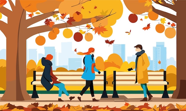 Pessoas em roupas quentes atividade ao ar livre no parque de outono ilustração vetorial plana 2d