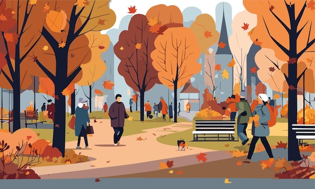 Vetor pessoas em roupas quentes atividade ao ar livre no parque de outono ilustração vetorial plana 2d