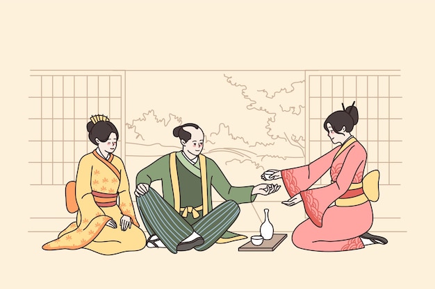 Pessoas em trajes japoneses fazem cerimônia do chá