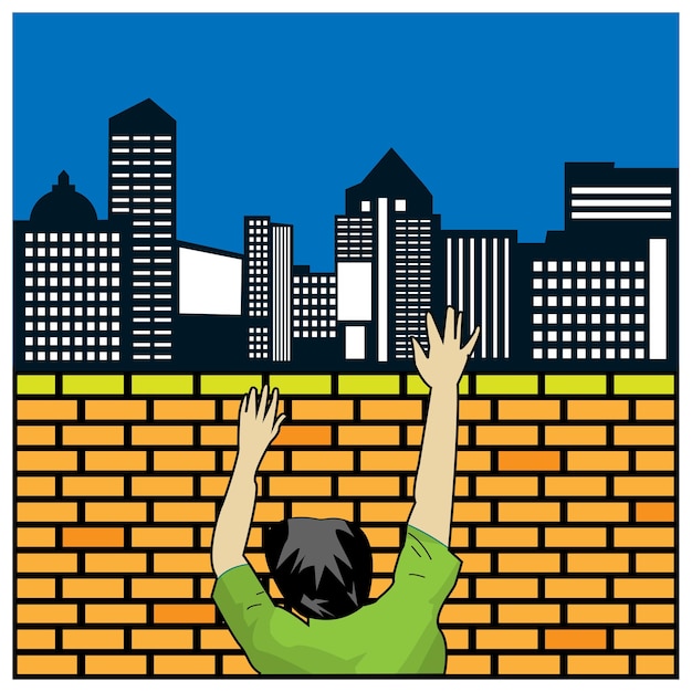 Vetor pessoas escalam paredes de tijolos conceito para se mudar do rural para o urbano em busca de trabalho