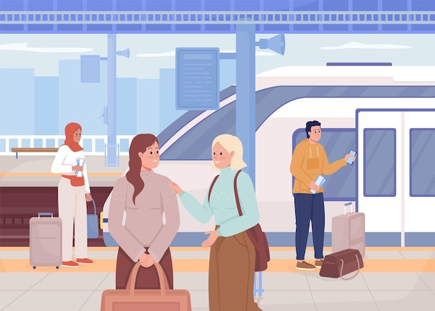 Pessoas esperando na estação de trem ilustração vetorial de cor plana estilo de vida urbano moderno estação de trem área pública passageiros 2d personagens de desenhos animados simples com paisagem urbana no fundo