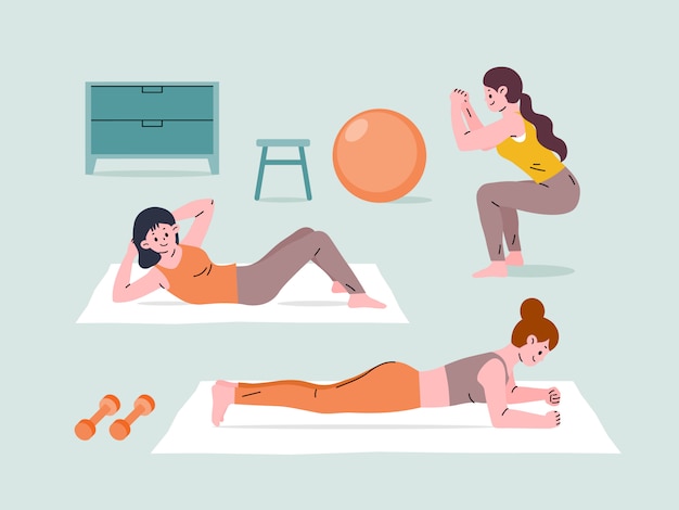 Vetor pessoas exercitando dentro de casa em casa. yoga e fitness, estilo de vida saudável.