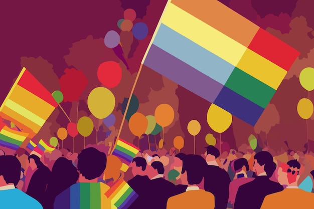 Pessoas expressando tolerância aos balões de bandeiras do desfile de arco-íris do orgulho lgbtq