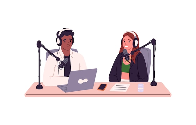 Pessoas falando durante a gravação de podcast no estúdio de áudio com fones de ouvido e microfones transmissão de rádio da entrevista host e convidado bate-papo na mesa ilustração vetorial plana isolada no fundo branco