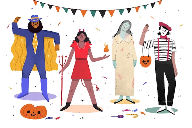 Vetor pessoas fantasiadas em uma festa de halloween