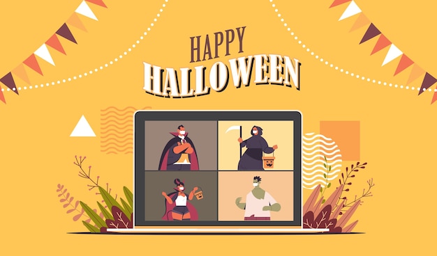 Pessoas fantasiadas na tela do laptop discutindo durante a videochamada feliz festa de halloween comunicação on-line conceito de auto-isolamento retrato horizontal ilustração vetorial