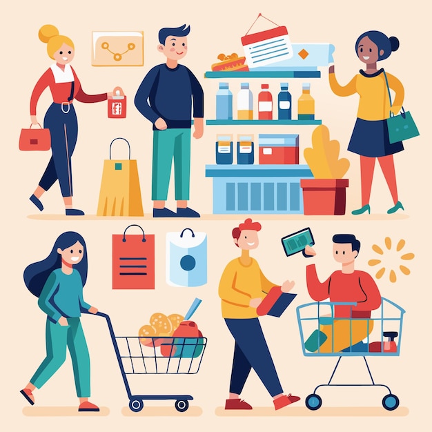 Pessoas fazendo compras no supermercado com carrinhos e sacos