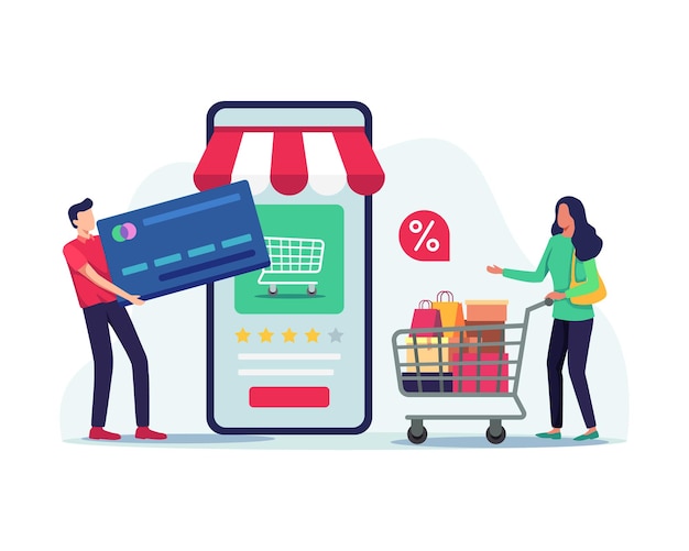 Pessoas fazendo transações online. Compras e pagamentos pelo celular, ilustração em estilo plano