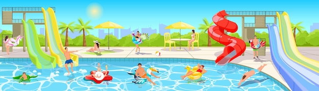 Pessoas felizes aproveitam o parque aquático Férias de verão na paisagem do parque aquático da piscina Atividade familiar As pessoas deslizam cachimbos crianças brincando e nadando no círculo inflável animal ilustração vetorial