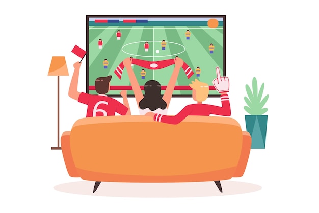 Vetor pessoas felizes assistindo jogo de futebol em casa