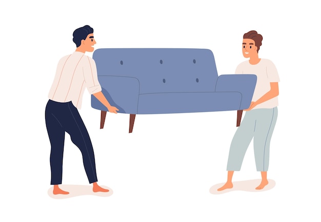 Vetor pessoas felizes carregando novo sofá juntos. homens segurando e movendo o sofá para mobiliar a casa com móveis modernos. conceito de remodelação. ilustração em vetor plana isolada no fundo branco