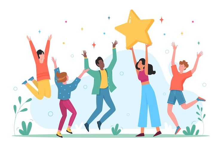 Vetor pessoas felizes celebram o sucesso com alegria. um grupo de amigos ou colegas ganha.