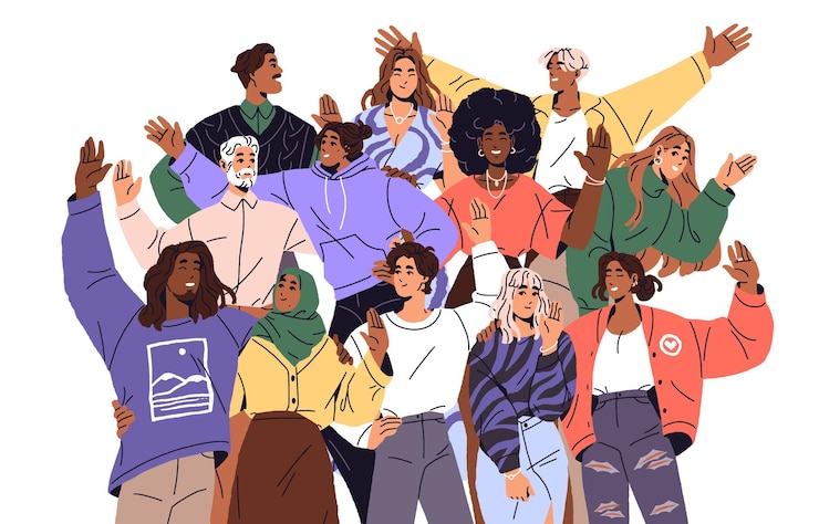 Vetor pessoas felizes cumprimentando bem-vindo multidão acenando com as mãos para cima juntos apoio da equipe internacional grupo de colegas diversos gesticulando olá ilustração de vetor isolado plano em fundo branco