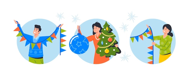 Pessoas felizes decoram ícones redondos isolados de árvore ou avatares ilustração vetorial de desenhos animados de férias de natal e ano novo