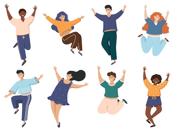 Vetor pessoas felizes e enérgicas em poses livres definem jovens homens e mulheres positivos voando, dançando e pulando