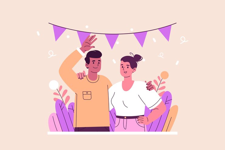 Vetor pessoas felizes em pé juntas conceito com pessoas cena no design de desenho animado plano
