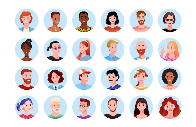 Pessoas felizes em volta do avatar do retrato para o conjunto de ilustração de mídia social.