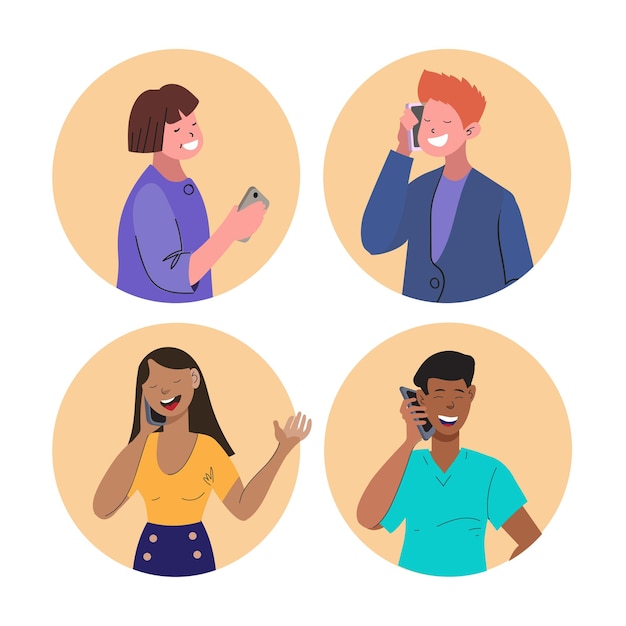 Pessoas felizes estão falando ao telefone Um conjunto de personagens ilustração vetorial