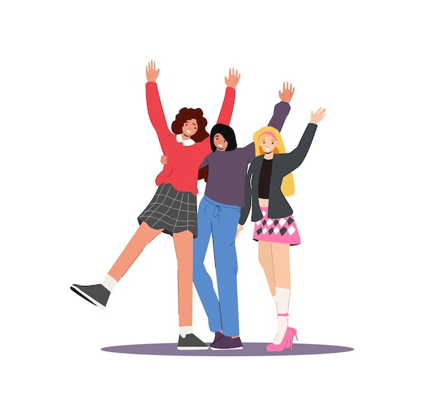 Pessoas felizes multinacionais levantando e acenando com as mãos Amigas jovens personagens em casual