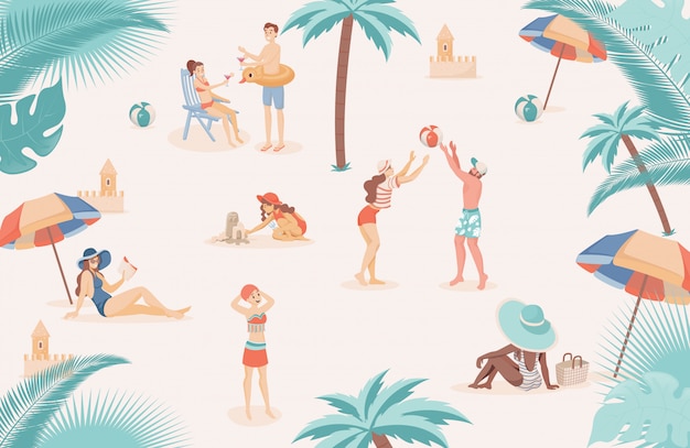 Pessoas felizes na praia relaxando, fazendo ilustração plana de verão atividades ao ar livre.