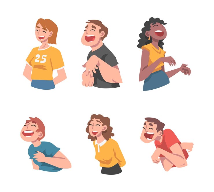 Vetor pessoas felizes rindo em voz alta com conjunto de vetores de expressões faciais alegres