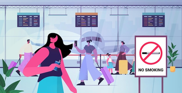 pessoas fumando cigarros eletrônicos no terminal do aeroporto, maus hábitos, estilo de vida pouco saudável, conceito de dependência de nicotina, ilustração vetorial horizontal