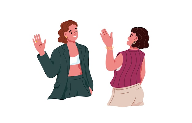 Pessoas gesticulando oi dizendo olá Duas mulheres se encontrando e cumprimentando umas às outras acenando com a mão Amigas felizes dando boas-vindas à comunicação Ilustração vetorial plana isolada no fundo branco