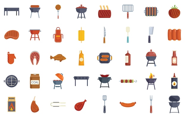 Pessoas grelhando carne e peixe ao ar livre durante o conjunto de ilustrações vetoriais da festa de churrasco