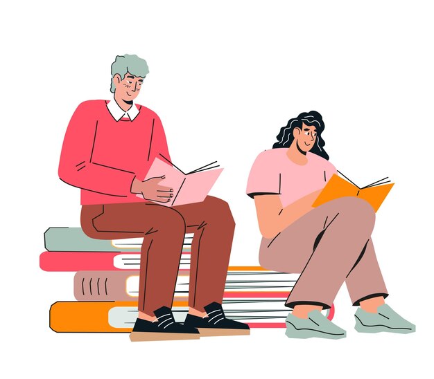 Vetor pessoas homem e mulher ler livros desenho animado plano ilustração vetorial isolado