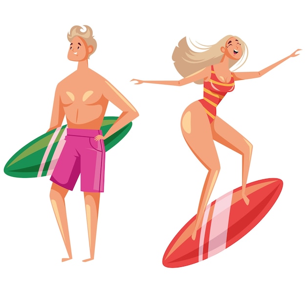 Pessoas homem mulher personagem surfando no conceito de resort de mar de praia design gráfico de desenho animado plano