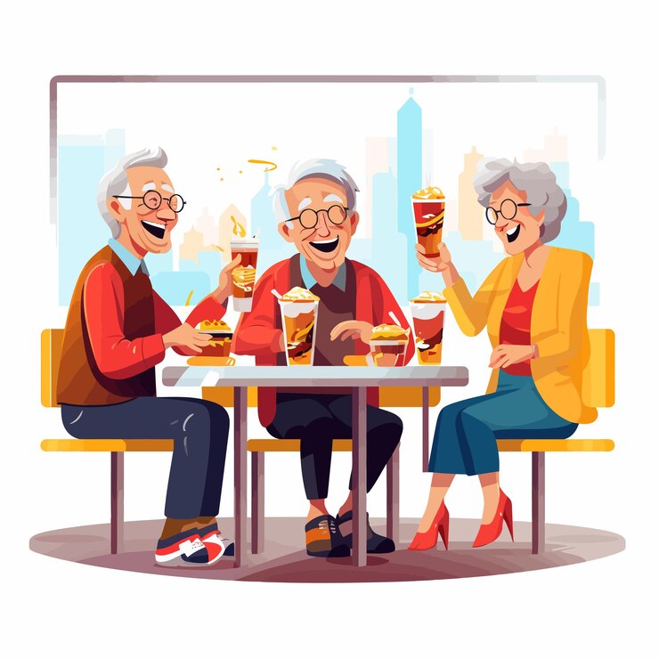 Vetor pessoas idosas a conversar no restaurante de fast food