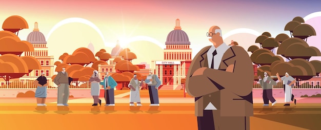 pessoas idosas caminhando no parque homens maduros mulheres grupo gastando tempo ao ar livre conceito de velhice pôr do sol paisagem urbana de fundo ilustração vetorial de comprimento total horizontal