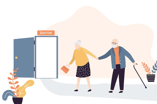 Pessoas idosas vão ao médico avós e avós no hospital ilustração vetorial