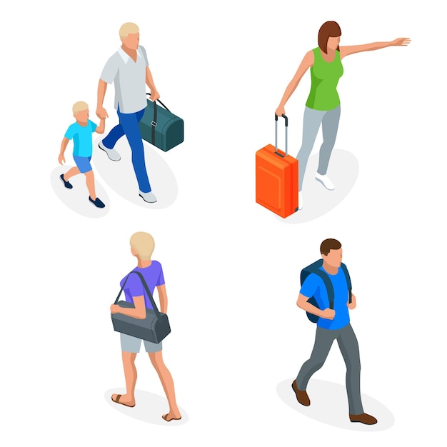 Pessoas isométricas com mala de viagem viajando de férias Conjunto de caracteres Recreação ativa caminhadas e aventuras