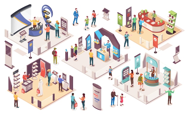 Pessoas isométricas da exposição no centro comercial de exposições