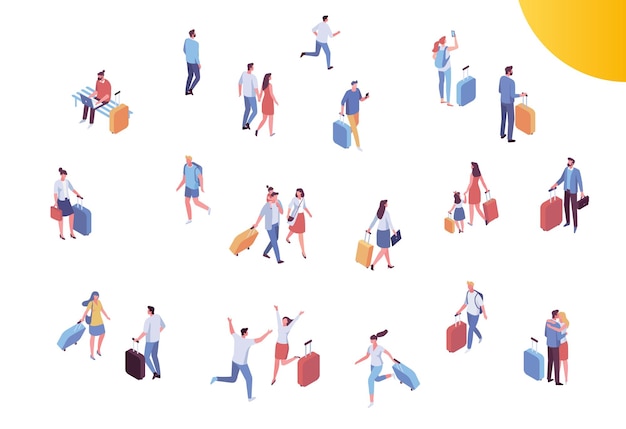Pessoas isométricas no conjunto de vetores do aeroporto Viagem e férias