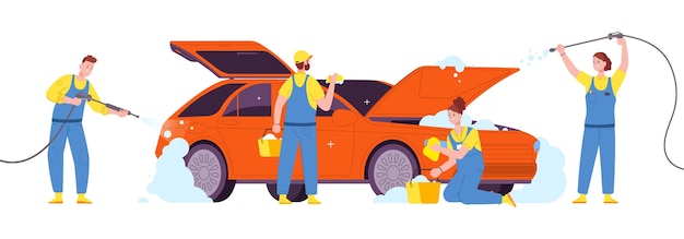 Pessoas lavando carro Funcionários carros lavam empresa limpando veículos sujos com mangueiras de água de alta pressão no quintal ou garagem de lavagem de carros limpadores de automóveis esplêndidos ilustração vetorial