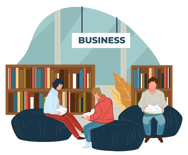 Pessoas lendo literatura de negócios na livraria ou no departamento de biblioteca. Personagens sentados em pufes apreciando publicações sobre autoeducação e desenvolvimento da personalidade. Vetor em estilo simples