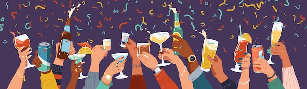 Pessoas levantando bebidas em ilustração de chuva de confete